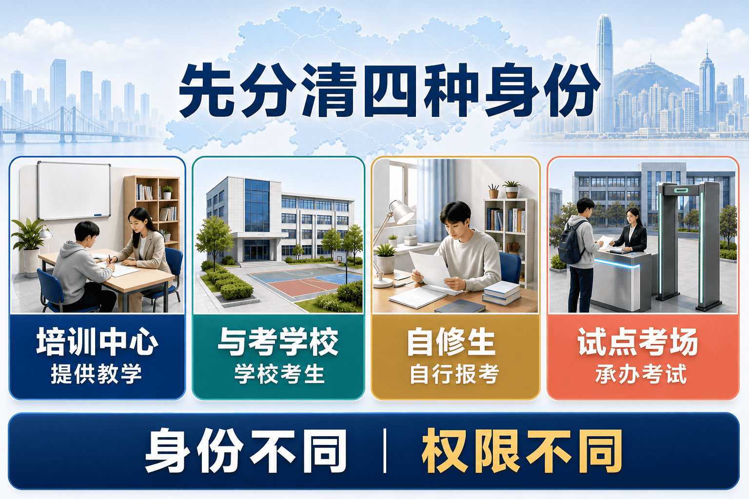 先分清DSE培训中心、与考学校、自修生和试点考场四种身份