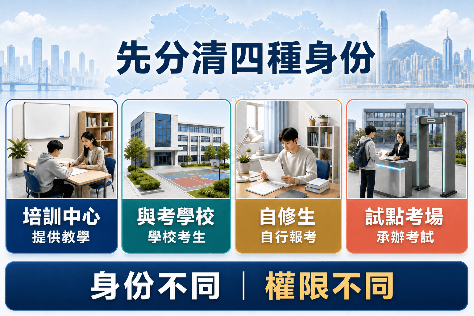 先分清DSE培訓中心、與考學校、自修生和試點考場四種身份