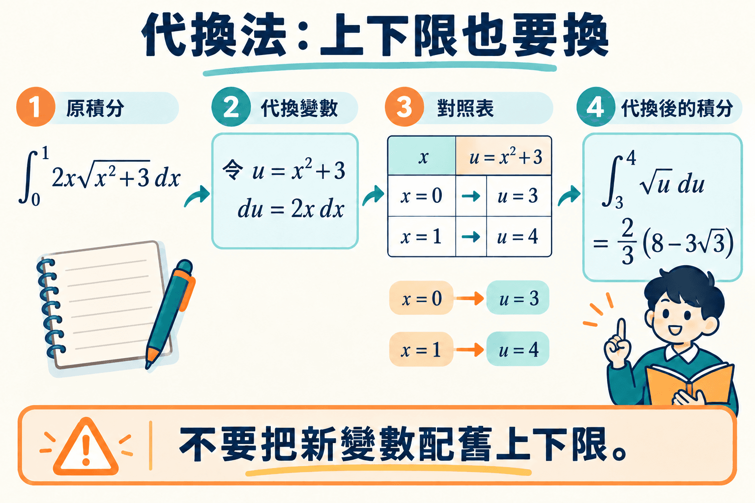 代換法:上下限也要換